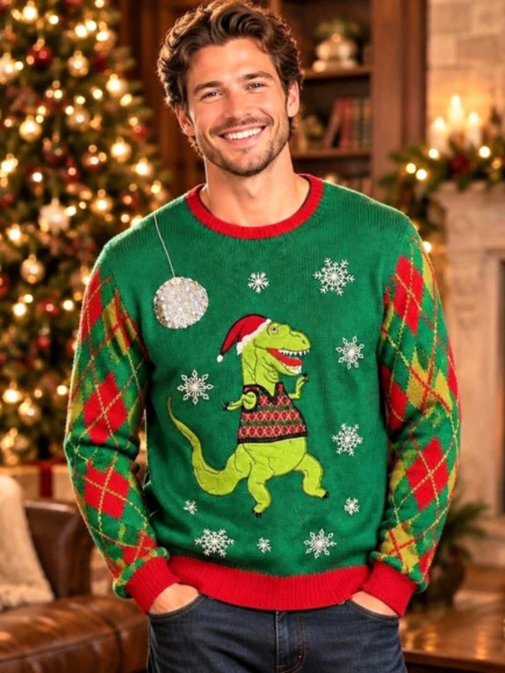Jolly Sweaters Dancing T-Rex Ugly Christmas Sweater Medium